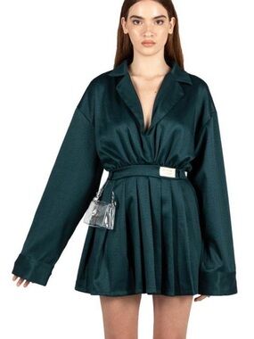 Dark Green Pleated Long-Sleeve Shirt Dress